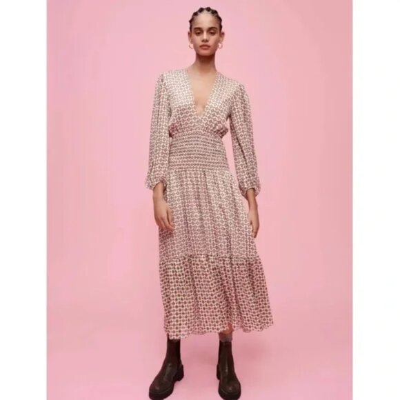 Maje Ripege Shirred Printed Georgette Midi Dress - Picture 4 of 16